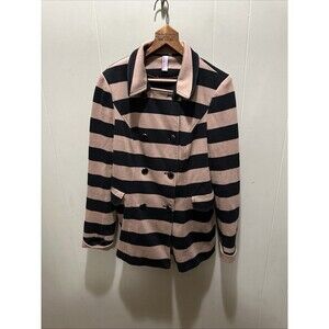 Ambition Brown Blk Striped Winter Pea Coat Double Breast Collared Women’s Size M